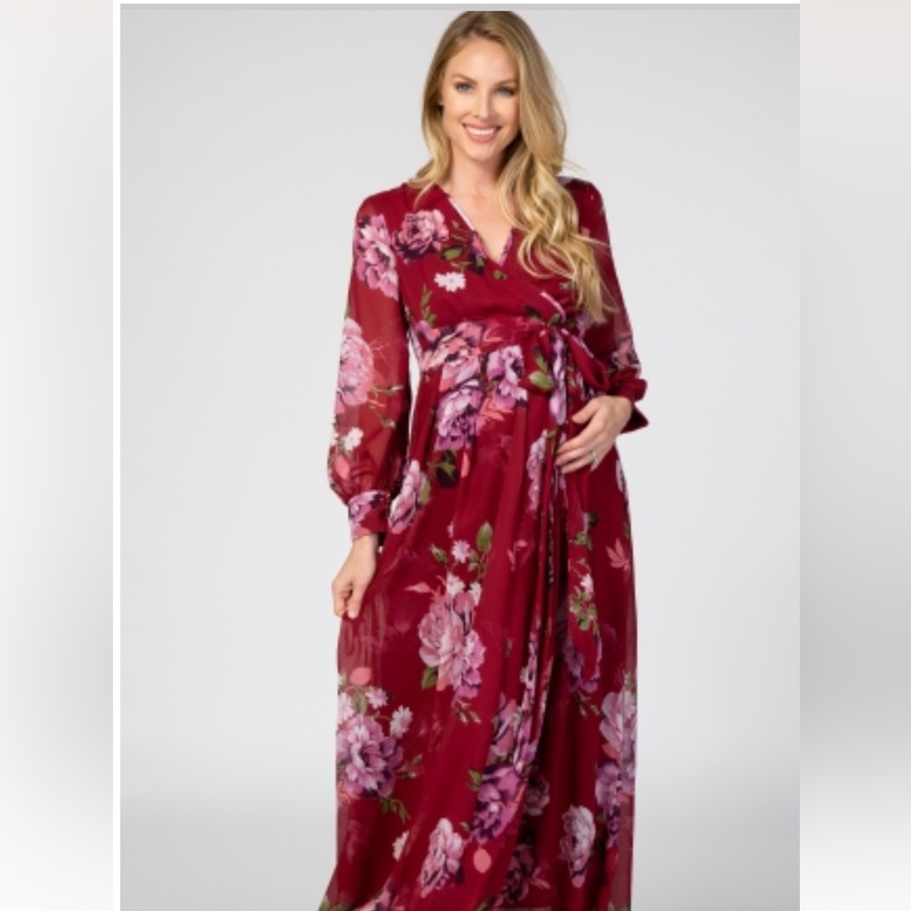 Red Floral Chiffon Pleated Maxi Dress